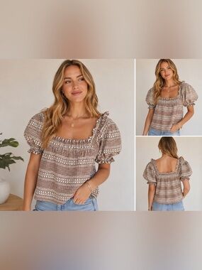 Gilli Brown Plaid Smocked Square-Neck Puff Sleeve Top
